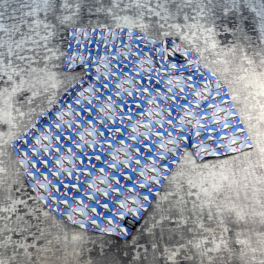 WeSC Men M Women L Mushroom Print Hawaiian SS Shirt Blue Pink Stretch‎
